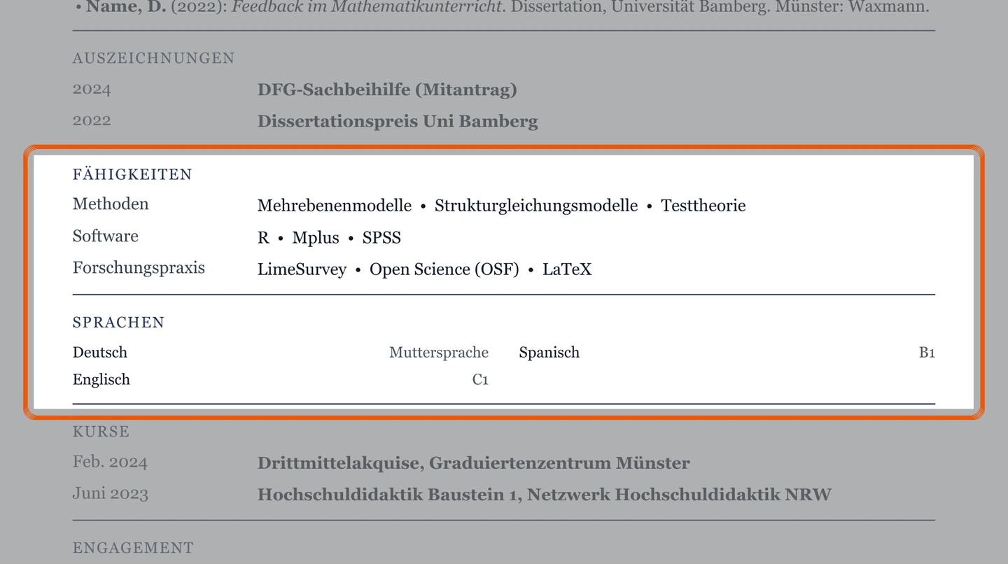 Kenntnisse und Sprachen im Muster – Muster Akademischer Lebenslauf – allgemein