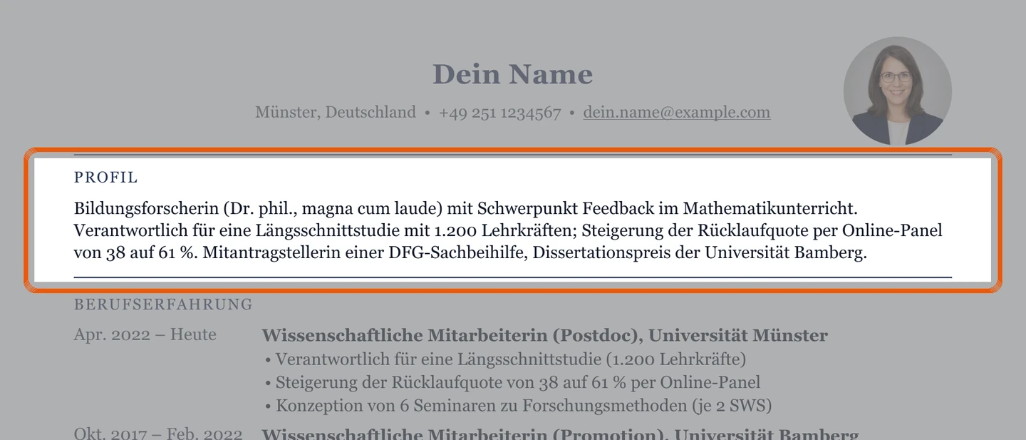 Akademischer Lebenslauf mit Kurzprofil unter den Kontaktdaten
