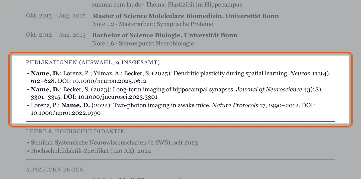 Publikationen im Muster – Muster Postdoc & Professur