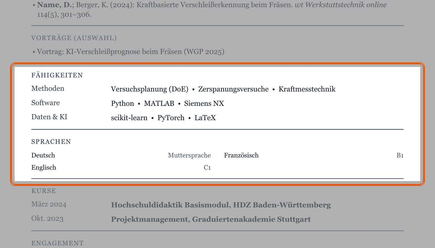 Kenntnisse und Sprachen im Muster – Muster Promotion & wissenschaftliche Mitarbeit
