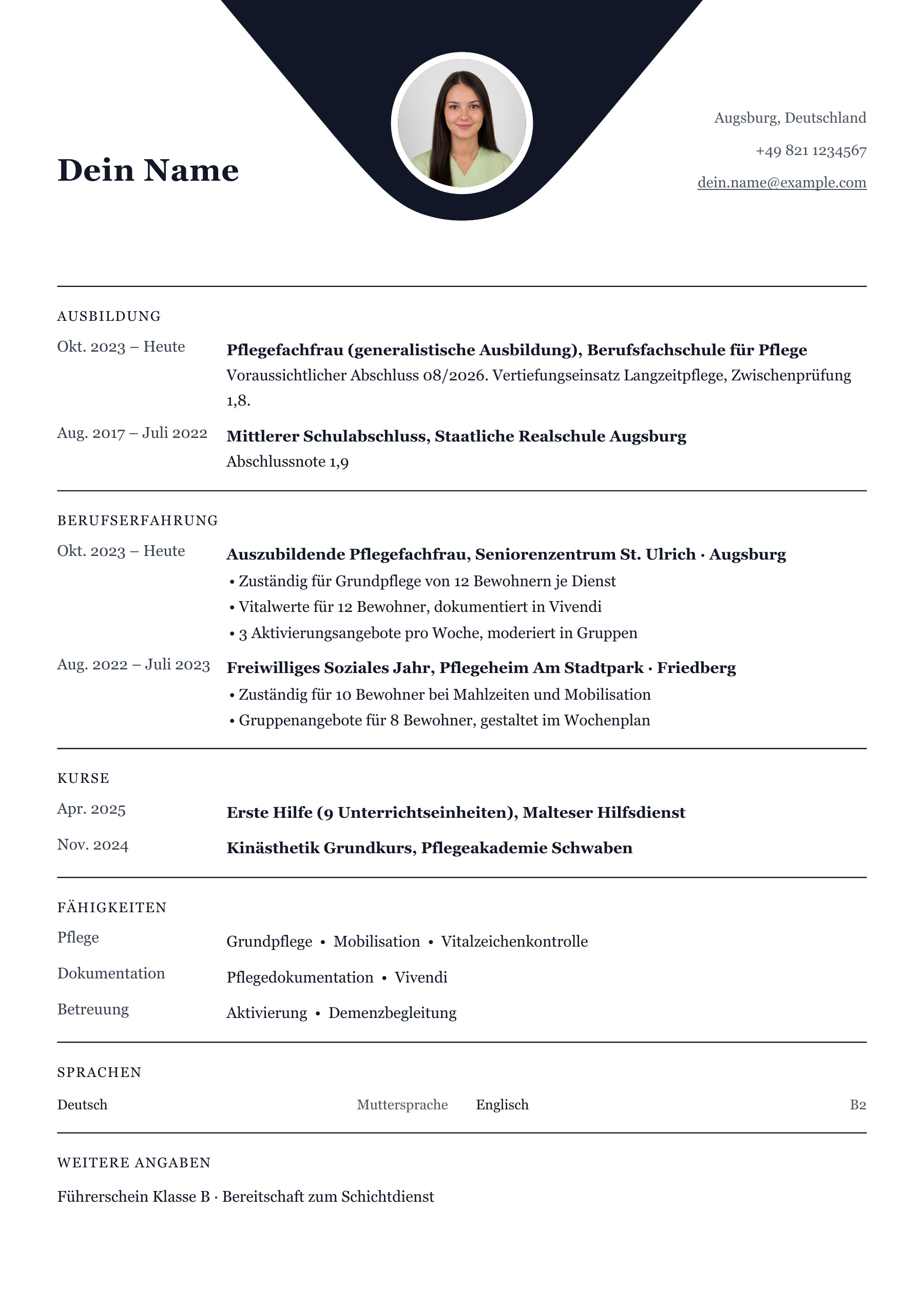 Lebenslauf Altenpflege · Ausbildung & Berufseinstieg · Klassisch zentriert