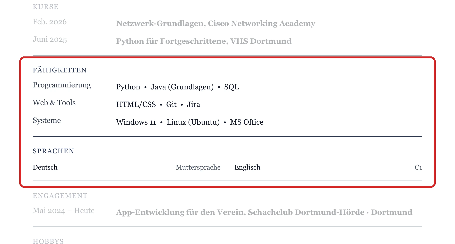 Kenntnisse und Sprachen im Muster – Muster Mit Abitur oder nach dem Studium