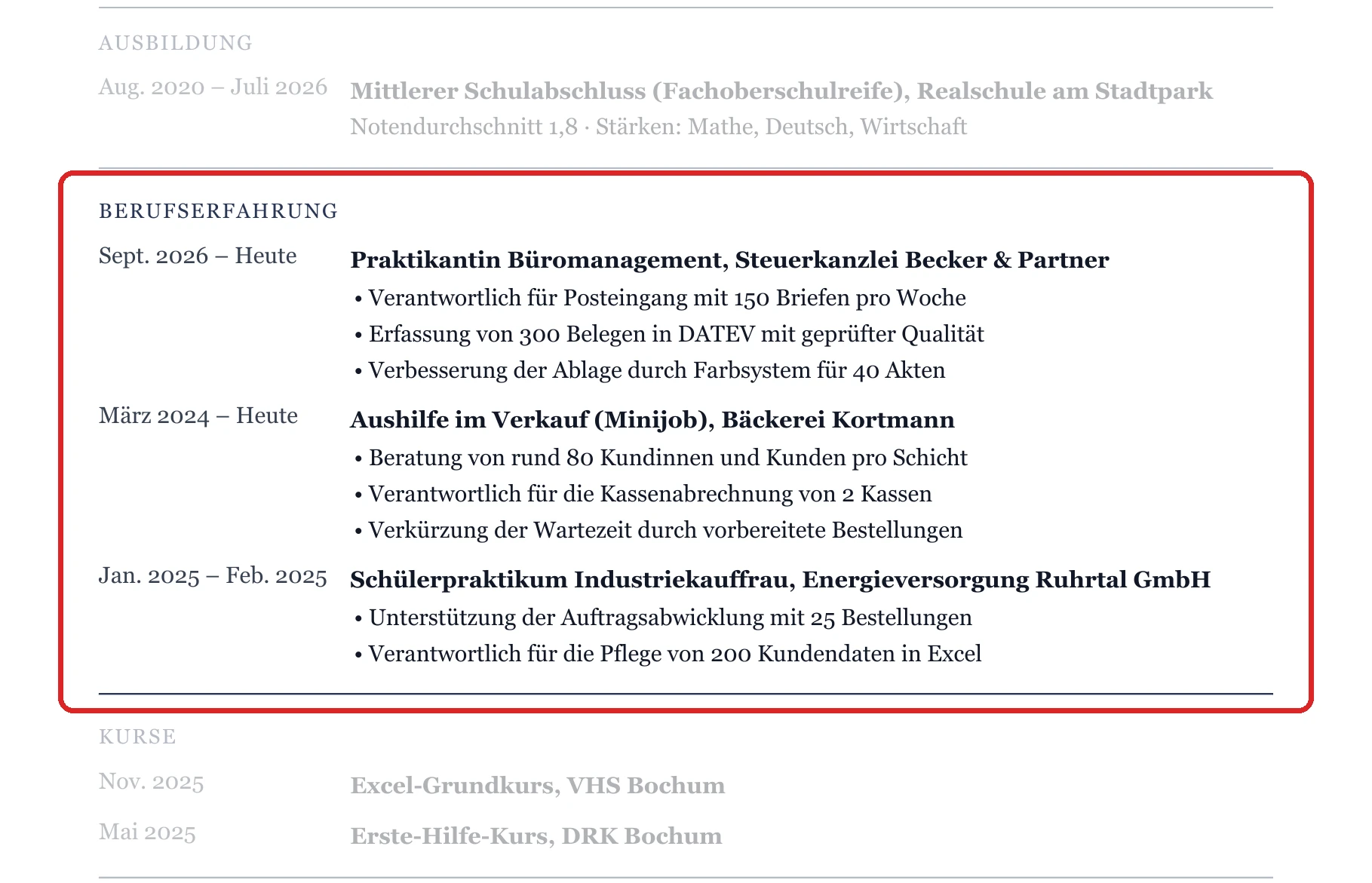 Praktische Erfahrung im Muster – Muster Ausbildung allgemein