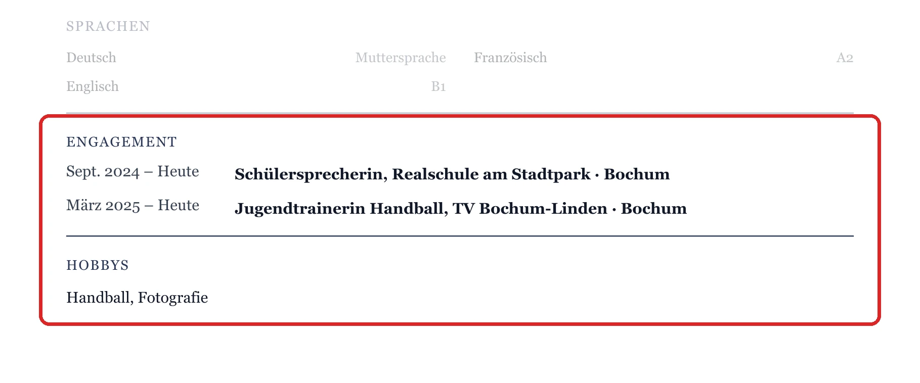 Engagement und Hobbys im Muster – Muster Ausbildung allgemein