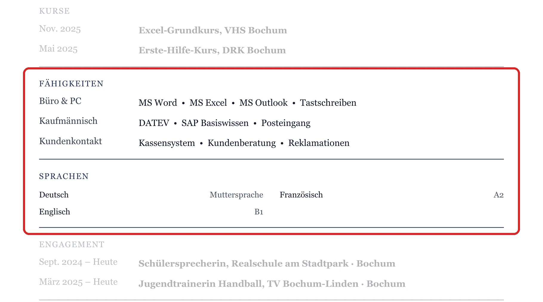 Kenntnisse und Sprachen im Muster – Muster Ausbildung allgemein