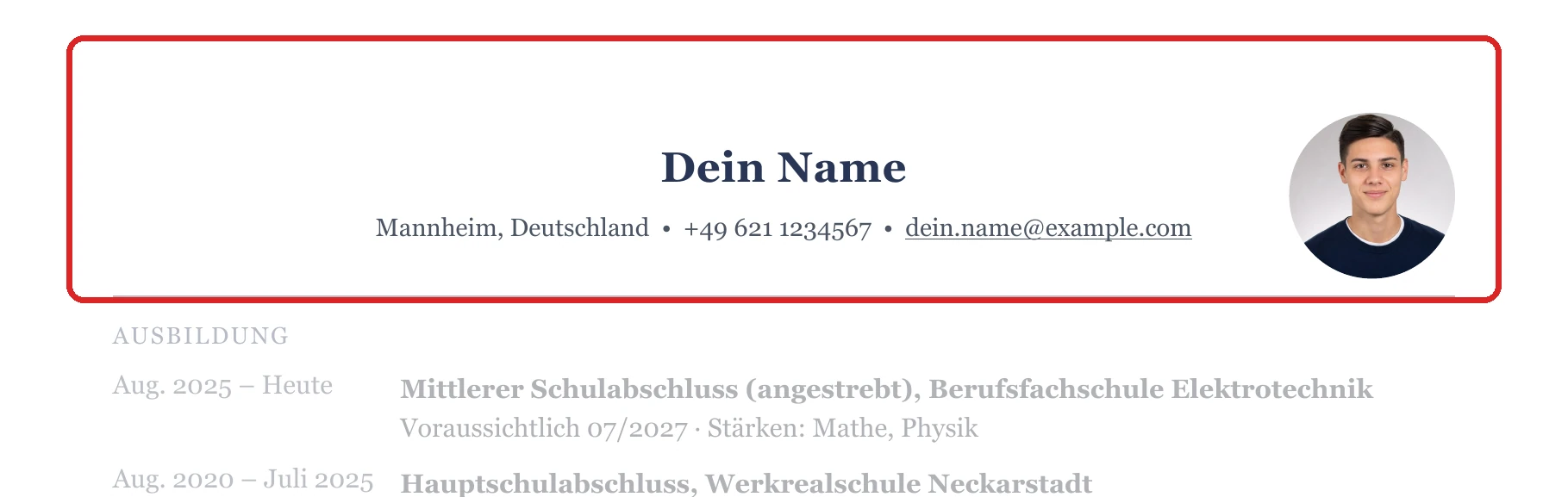 Persönliche Angaben im Muster – Muster Schüler*innen & Schulabgänger*innen