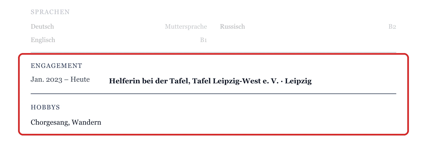 Engagement und Hobbys im Muster – Muster Zweite Ausbildung & Umschulung
