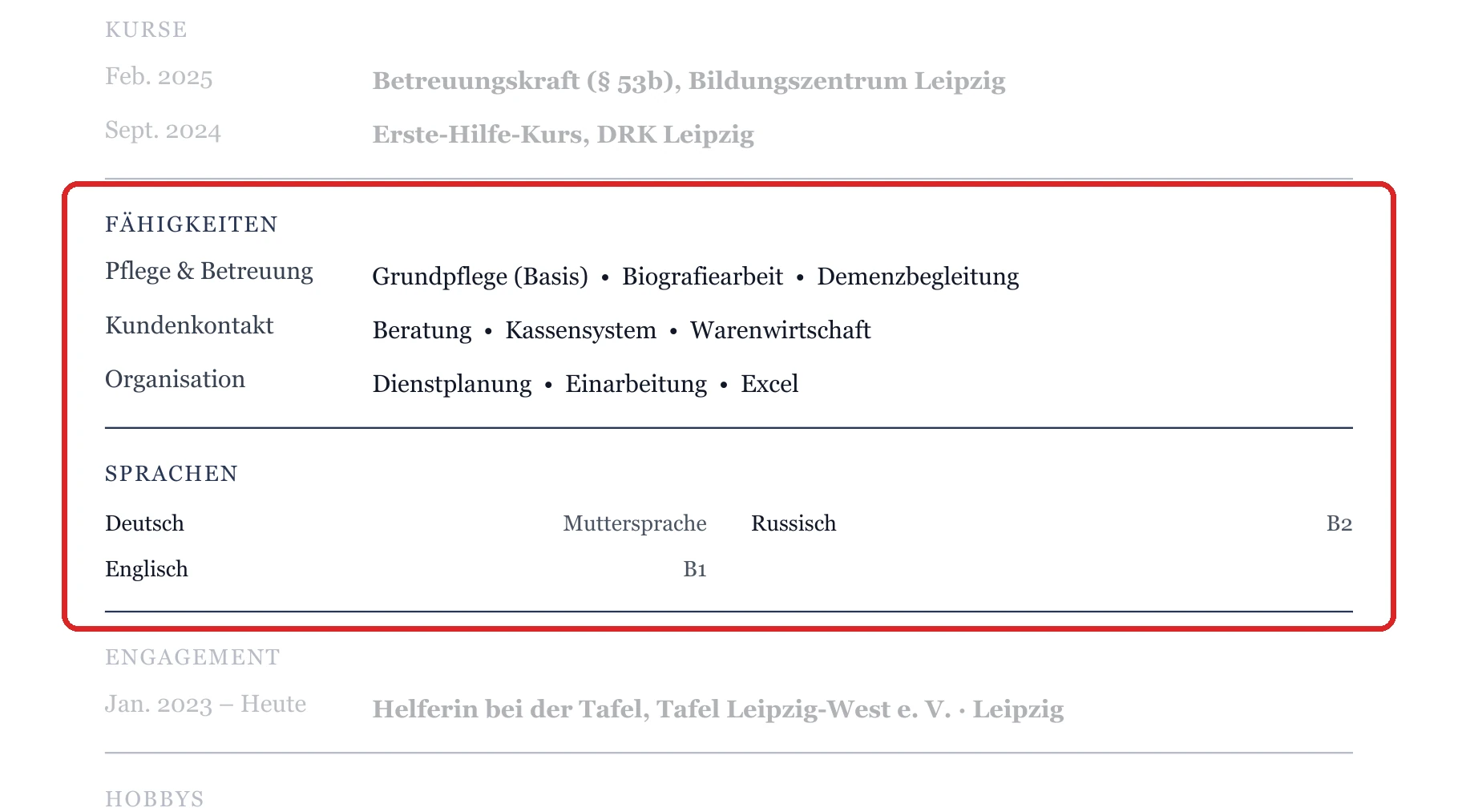 Kenntnisse und Sprachen im Muster – Muster Zweite Ausbildung & Umschulung