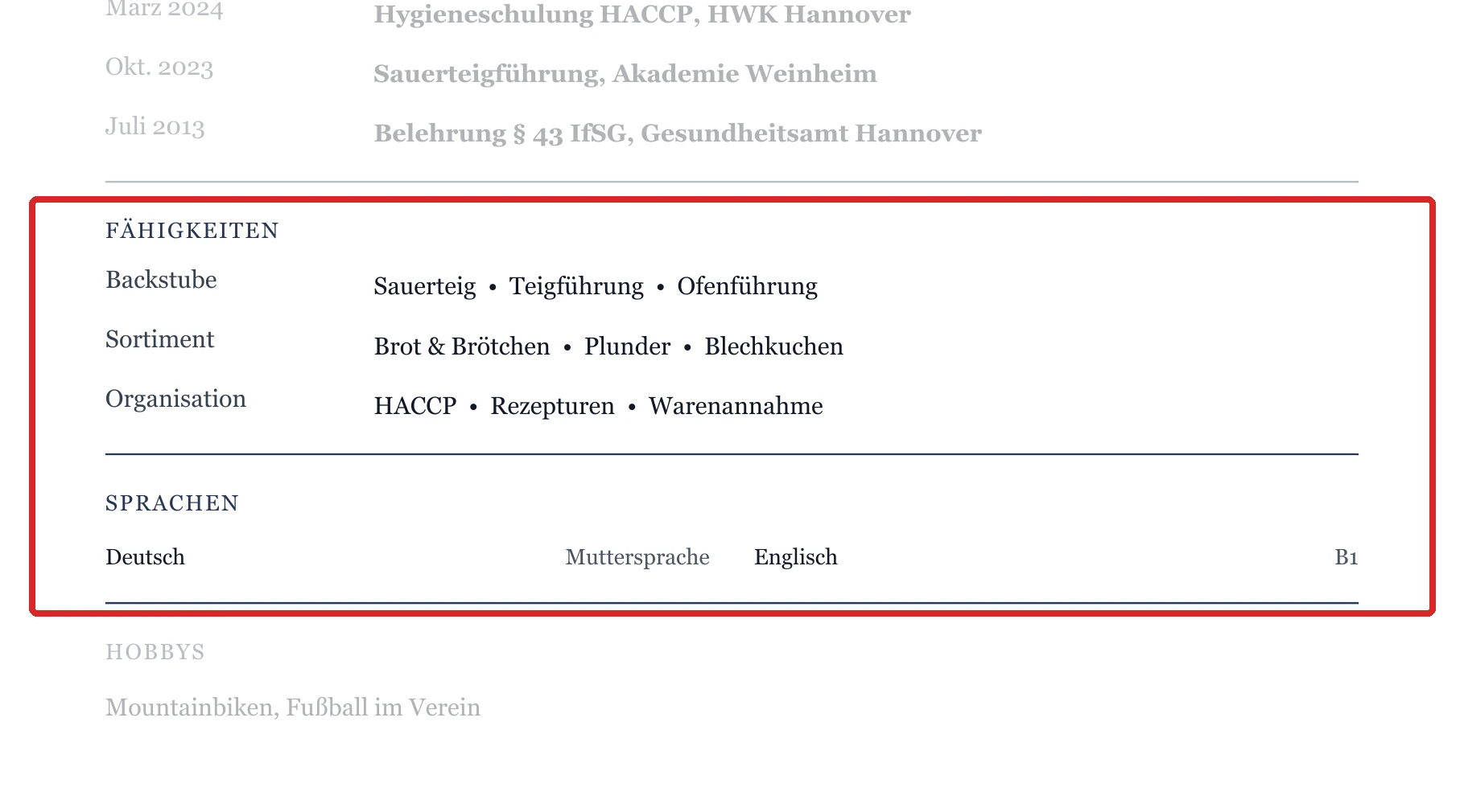 Kenntnisse und Sprachen im Muster – Muster Bäcker*in – allgemein
