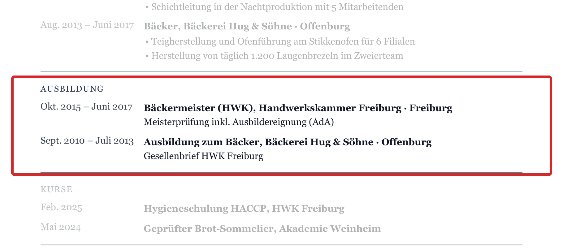 Ausbildung im Muster – Muster Gelernte Bäcker*innen (Geselle bis Meister)