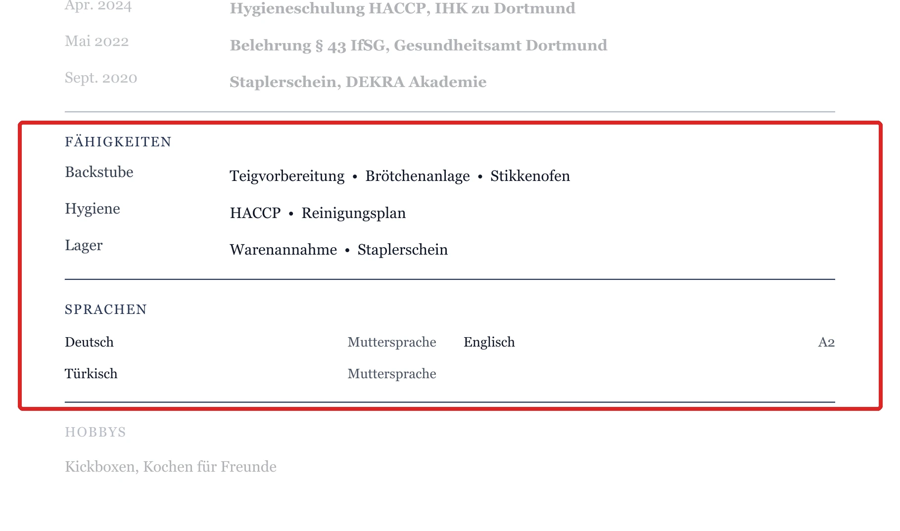 Kenntnisse und Sprachen im Muster – Muster Bäckereihelfer & Quereinstieg