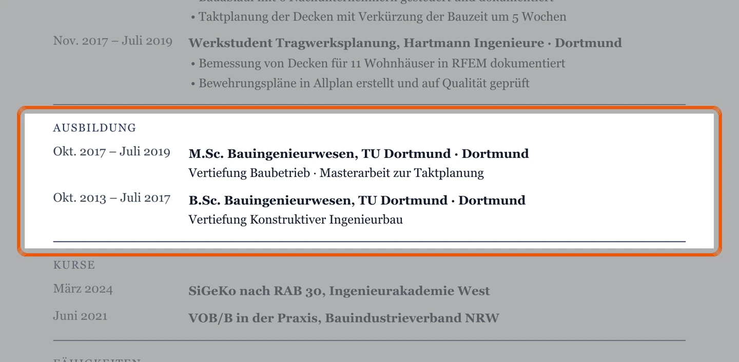 Studium im Muster – Muster Bauingenieur – allgemein