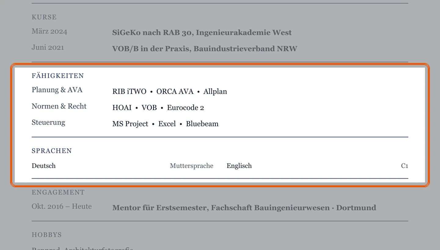 Kenntnisse und Sprachen im Muster – Muster Bauingenieur – allgemein