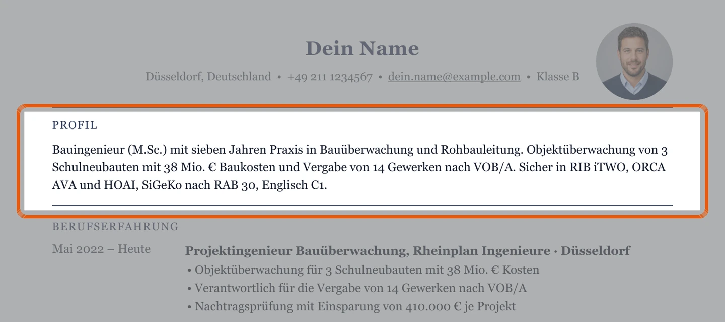 Hier stünde das Kurzprofil – Muster Bauingenieur – allgemein
