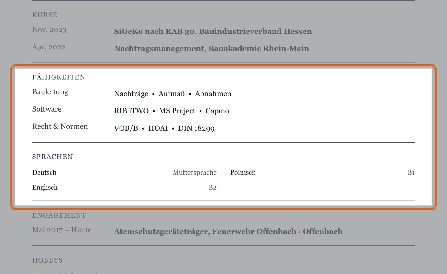 Kenntnisse und Sprachen im Muster – Muster Bauleitung & Bauüberwachung