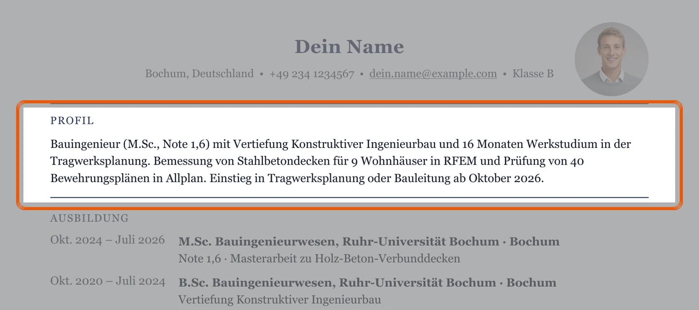 Hier stünde das Kurzprofil – Muster Studium & Berufseinstieg