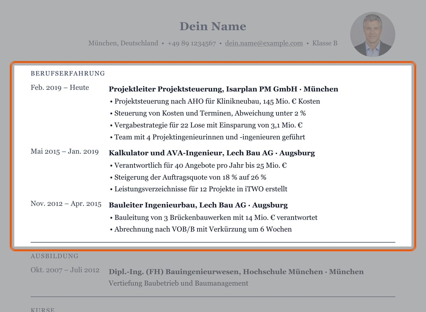 Berufserfahrung im Muster – Muster Projektsteuerung, Kalkulation & AVA