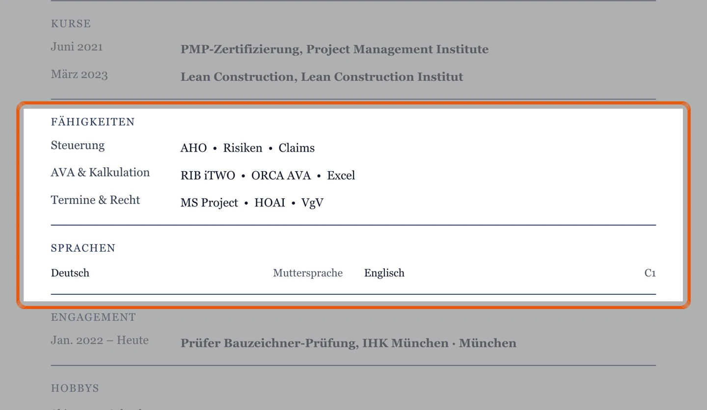 Kenntnisse und Sprachen im Muster – Muster Projektsteuerung, Kalkulation & AVA