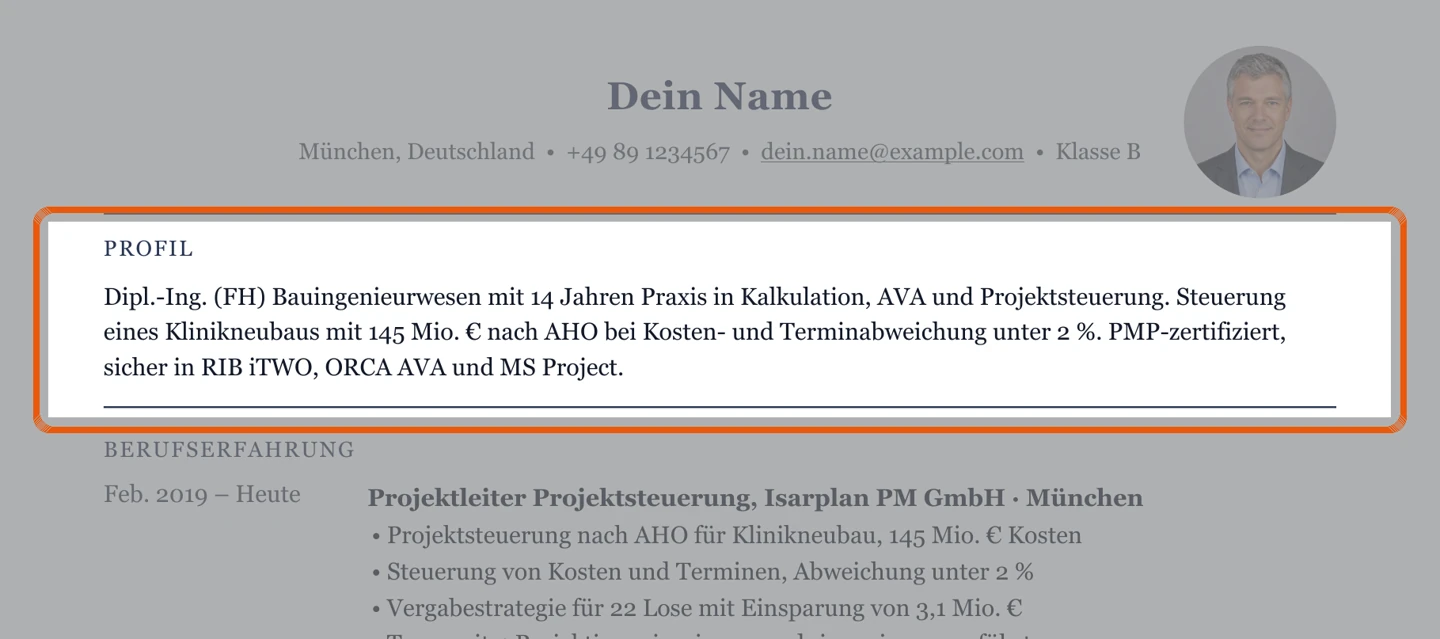 Hier stünde das Kurzprofil – Muster Projektsteuerung, Kalkulation & AVA