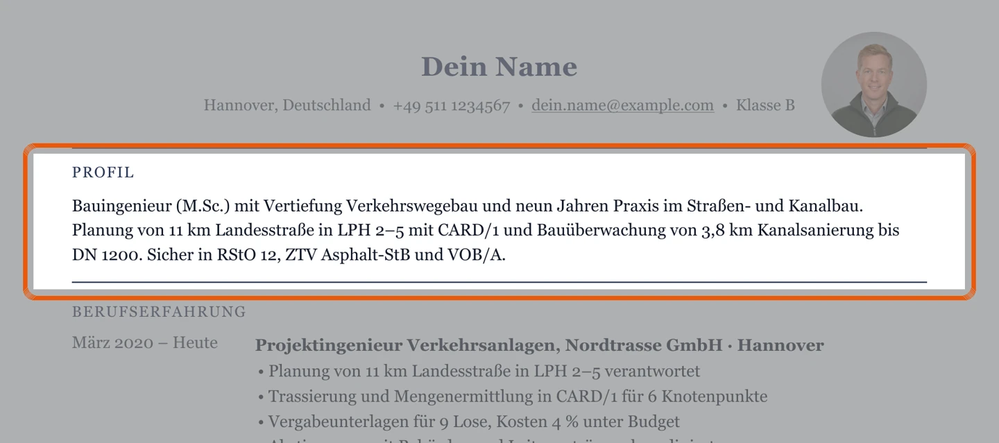 Hier stünde das Kurzprofil – Muster Tiefbau, Verkehr & Wasser
