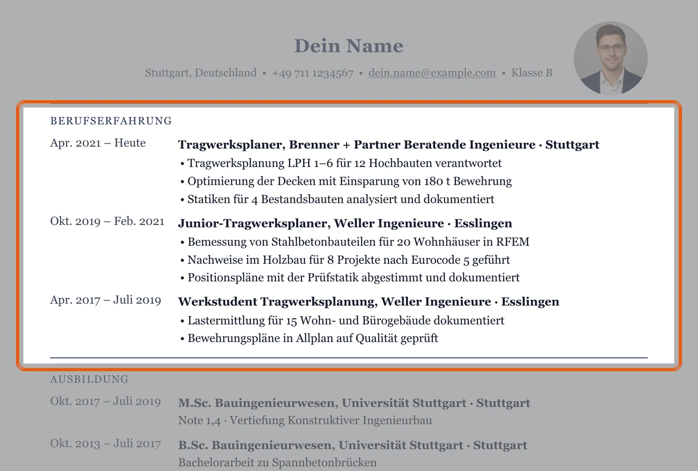 Berufserfahrung im Muster – Muster Tragwerksplanung & Statik