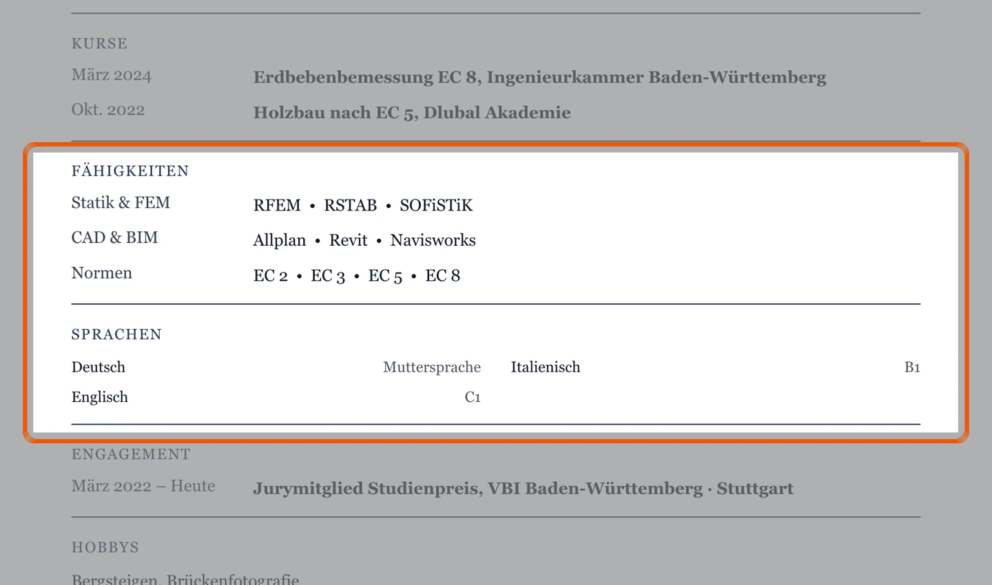Kenntnisse und Sprachen im Muster – Muster Tragwerksplanung & Statik
