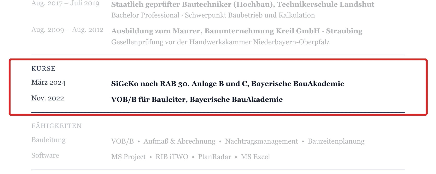 Kurse im Muster – Bauleiter*in – allgemein