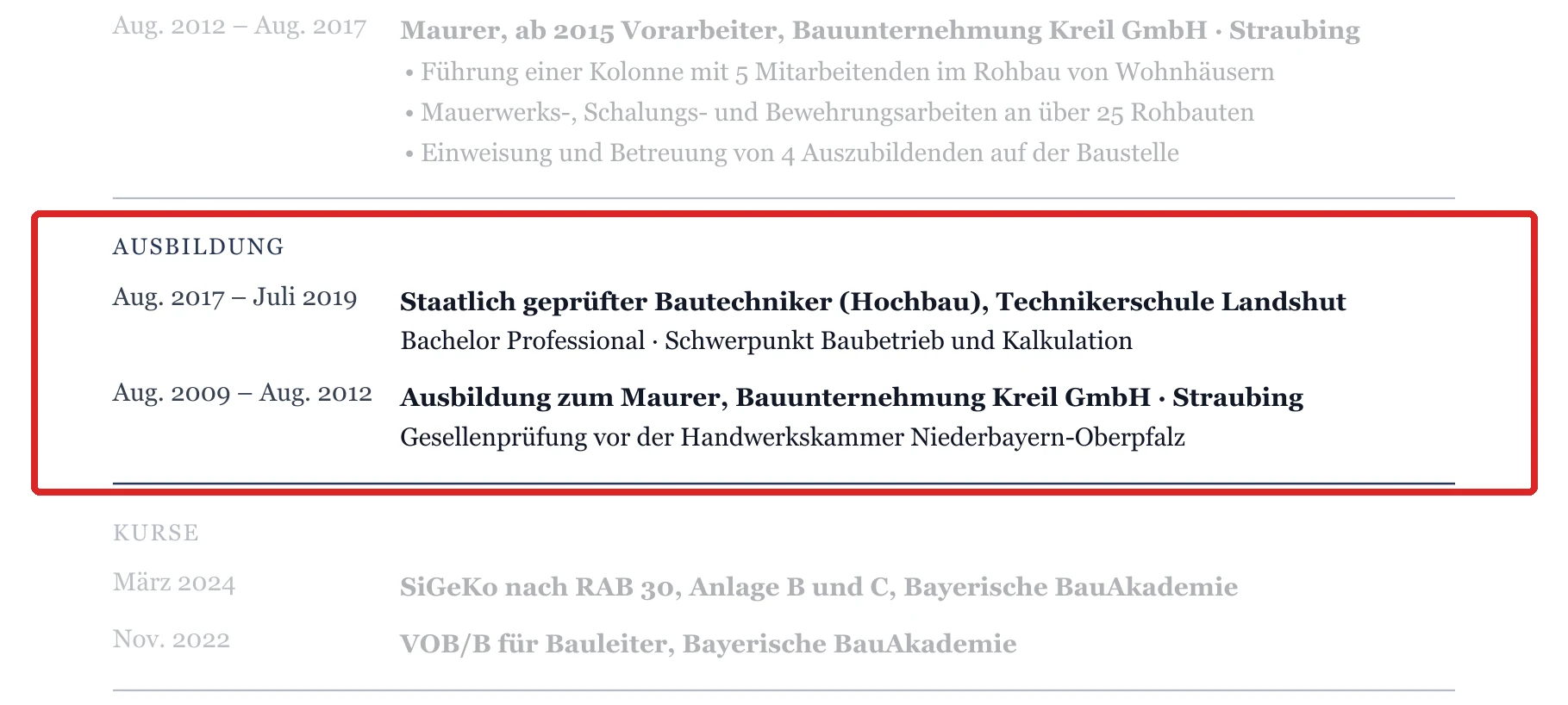 Ausbildung im Muster – Bauleiter*in – allgemein