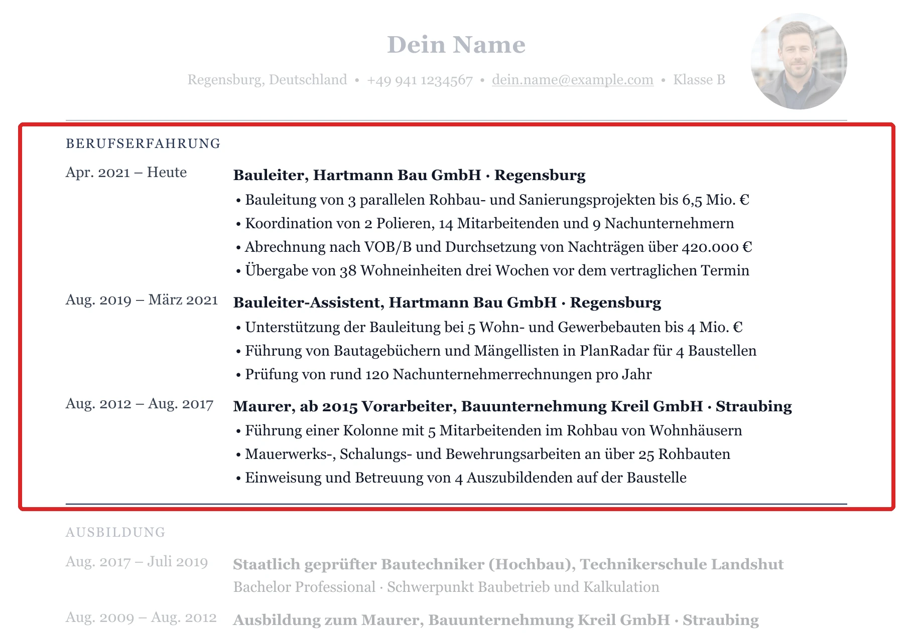Berufserfahrung im Muster – Bauleiter*in – allgemein