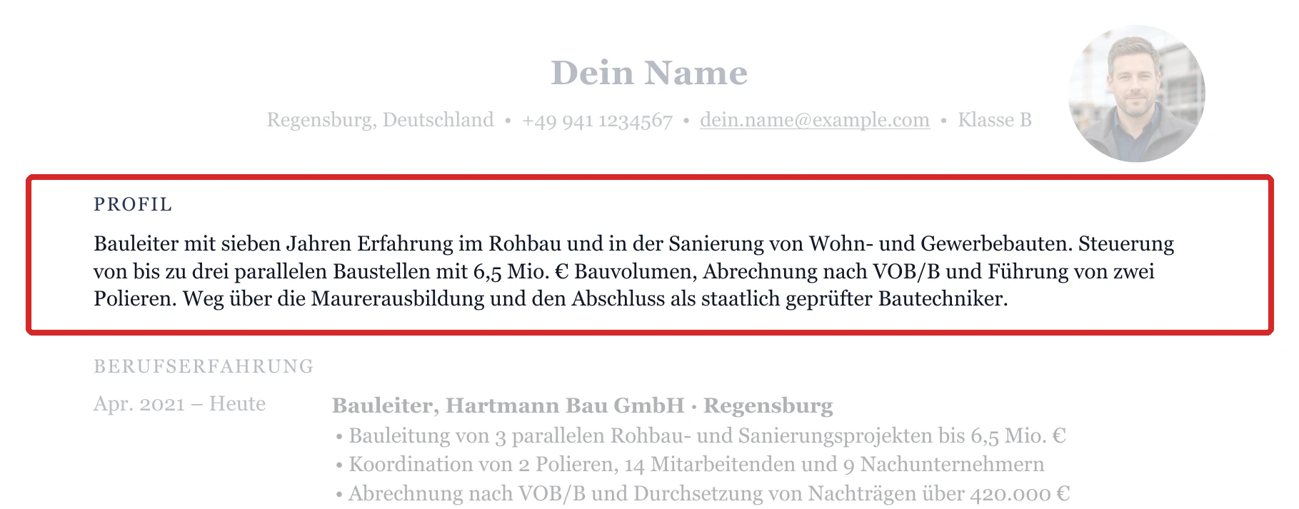 Wo ein Kurzprofil stehen würde – Muster mit Kurzprofil zwischen Kontaktdaten und Berufserfahrung