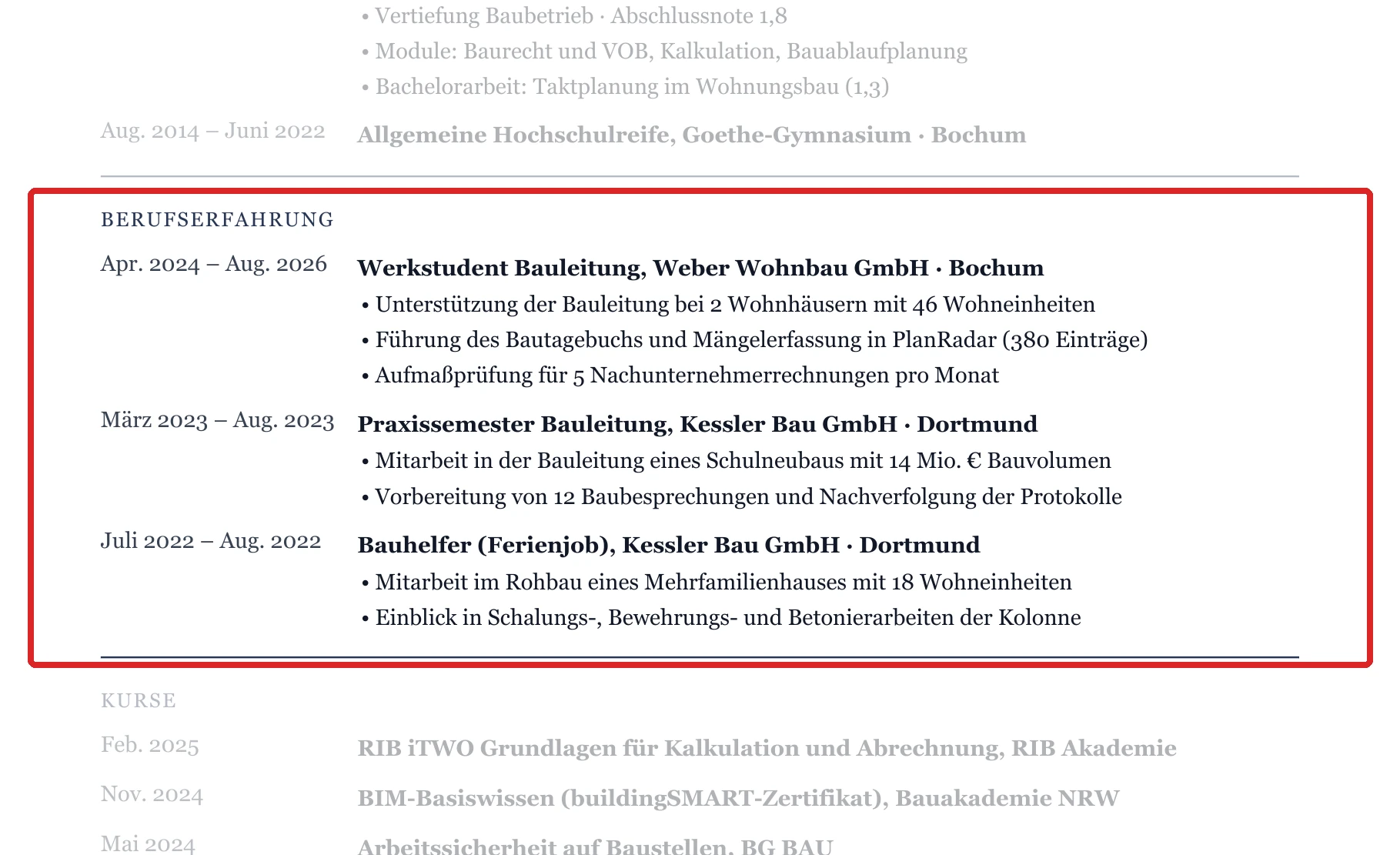 Berufserfahrung im Muster – Junior-Bauleitung & Berufseinstieg