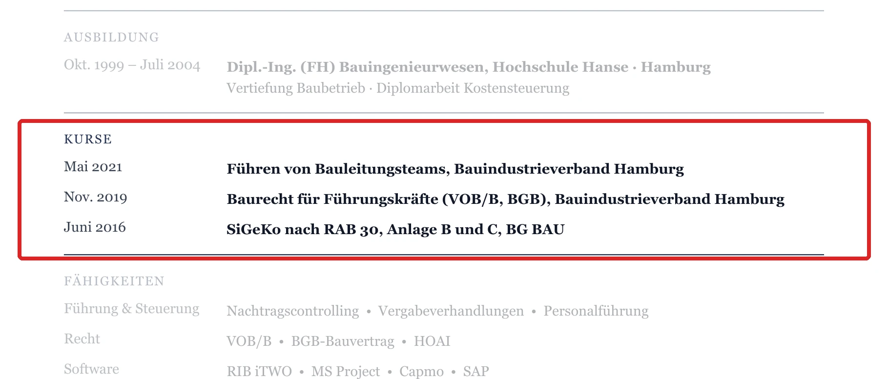 Kurse im Muster – Oberbauleitung & Projektleitung