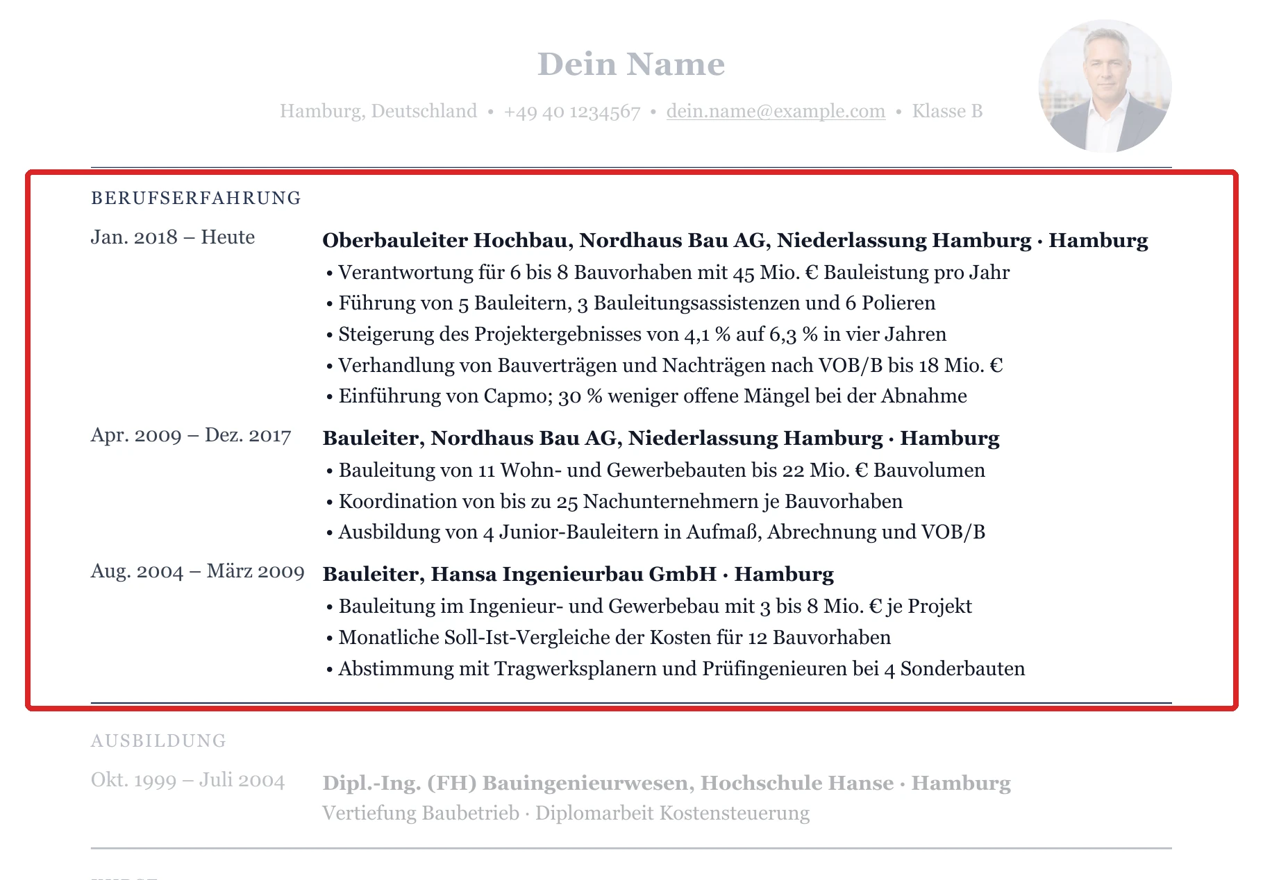 Berufserfahrung im Muster – Oberbauleitung & Projektleitung