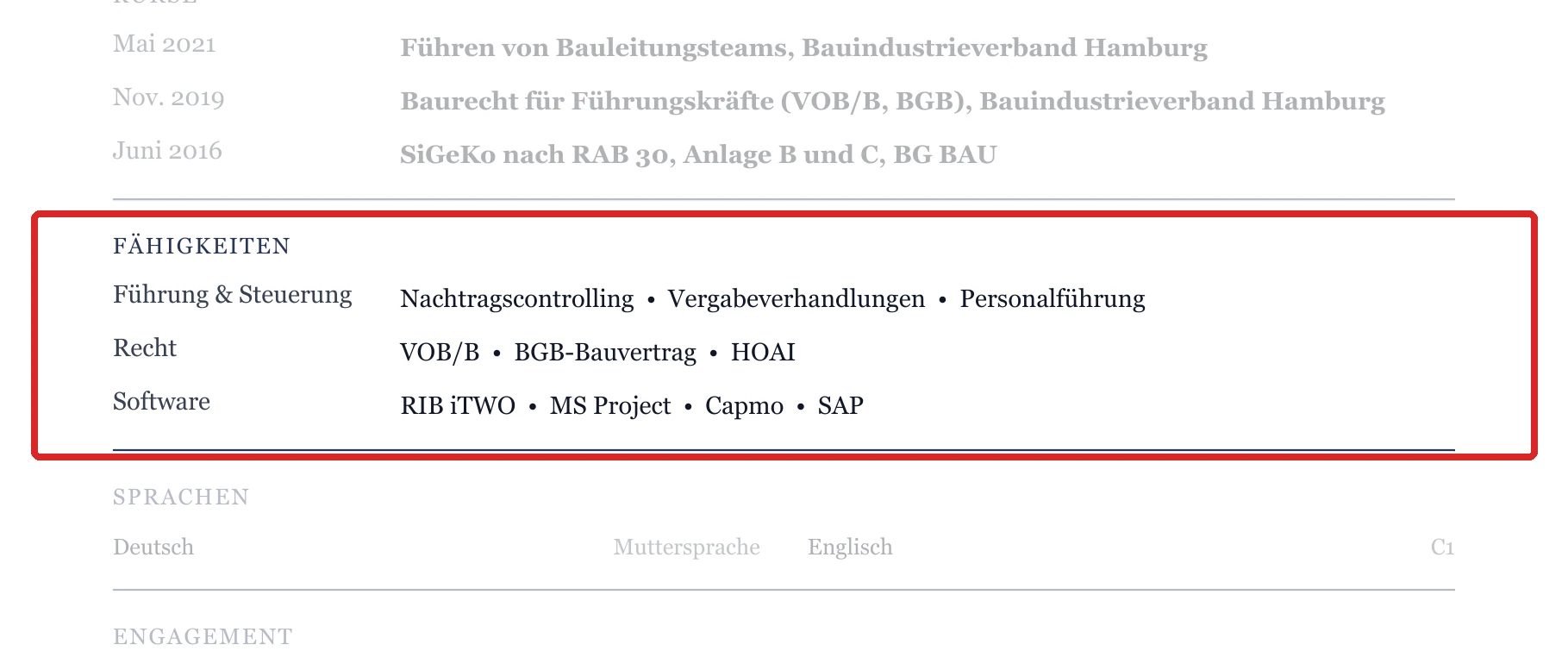 Kenntnisse im Muster – Oberbauleitung & Projektleitung