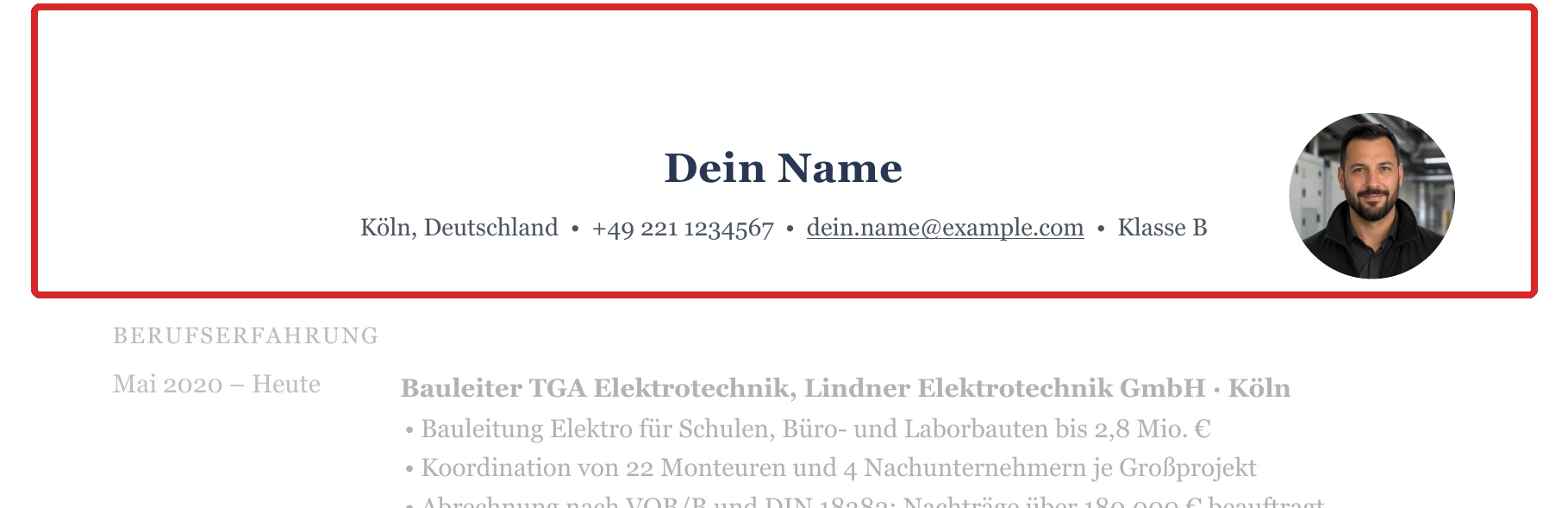 Persönliche Angaben im Muster – TGA & Gebäudetechnik