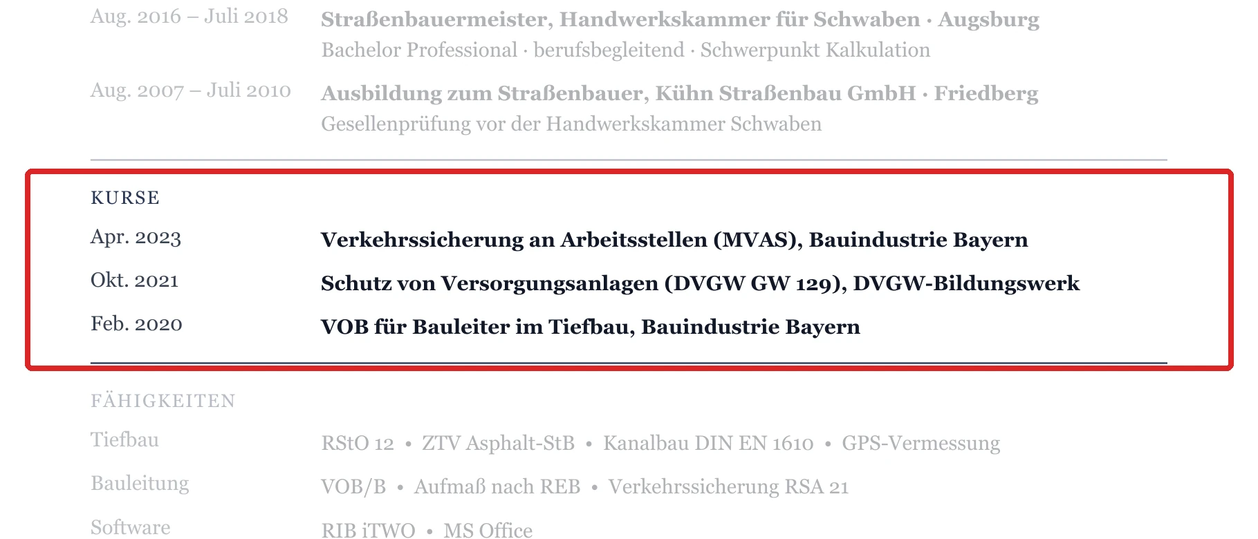 Kurse im Muster – Tiefbau, Straßen- & Infrastrukturbau