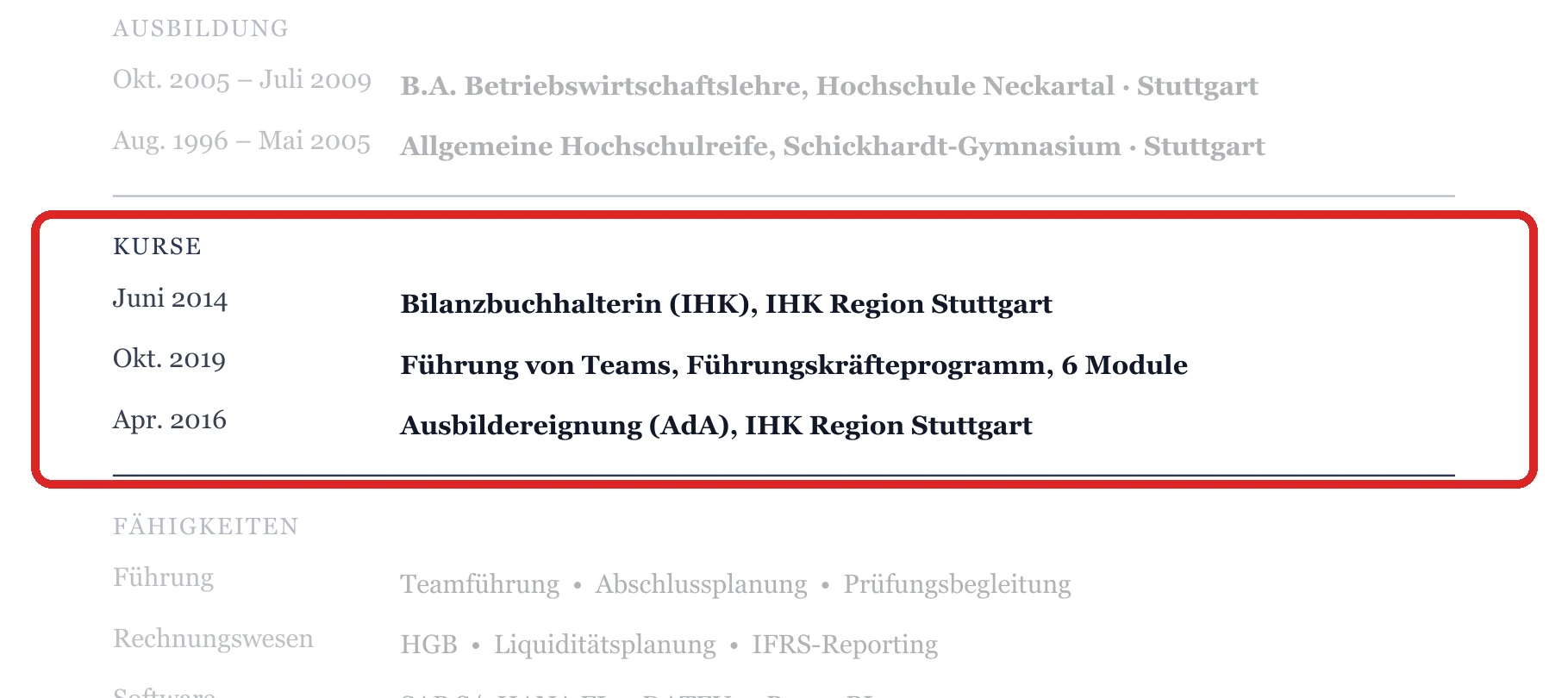 Weiterbildungen im Muster – Leitung Buchhaltung