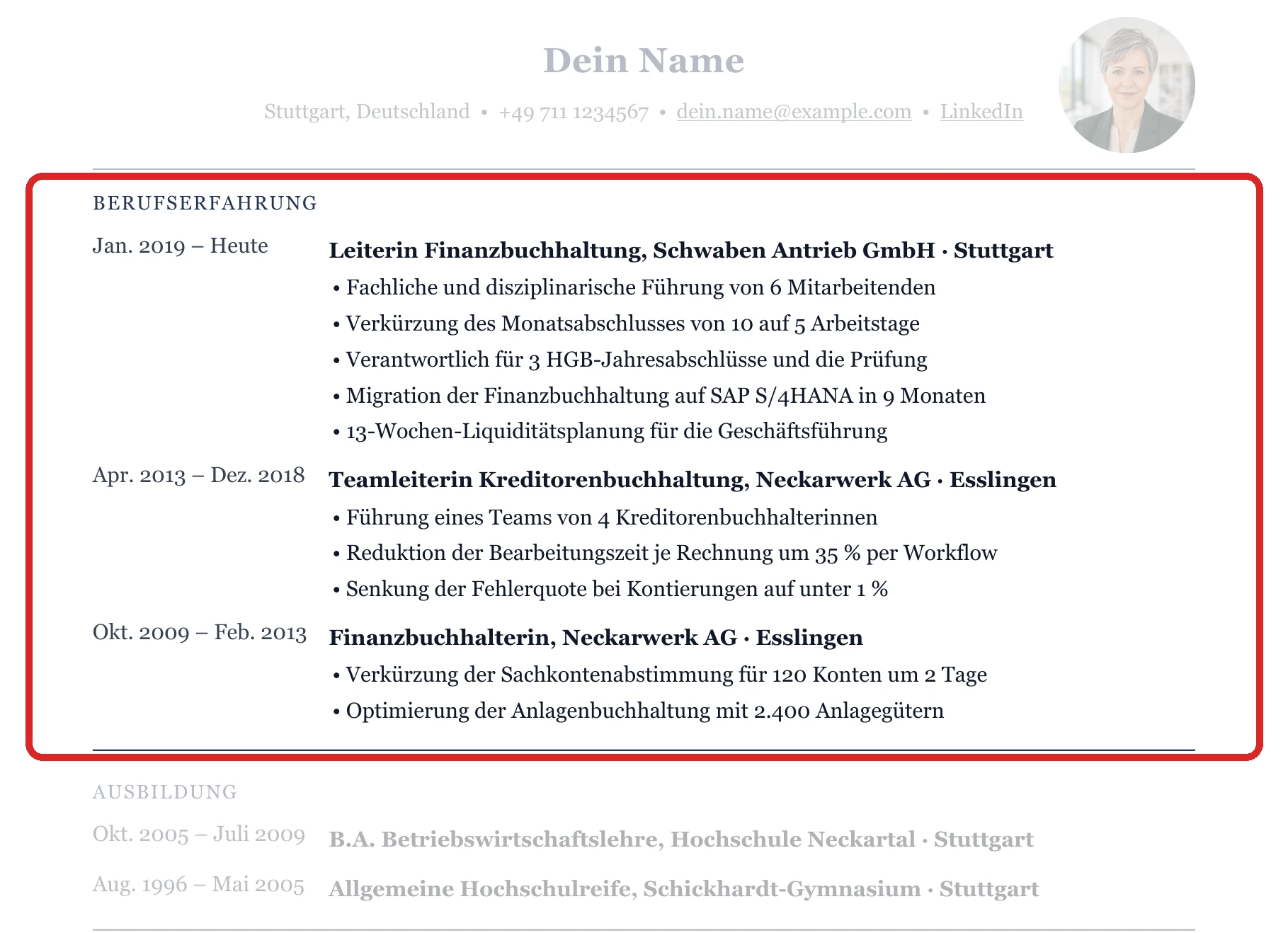 Berufserfahrung im Muster – Leitung Buchhaltung