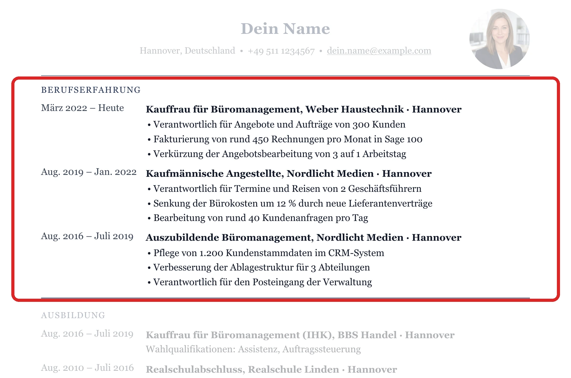 Berufserfahrung im Muster – Kauffrau für Büromanagement – allgemein