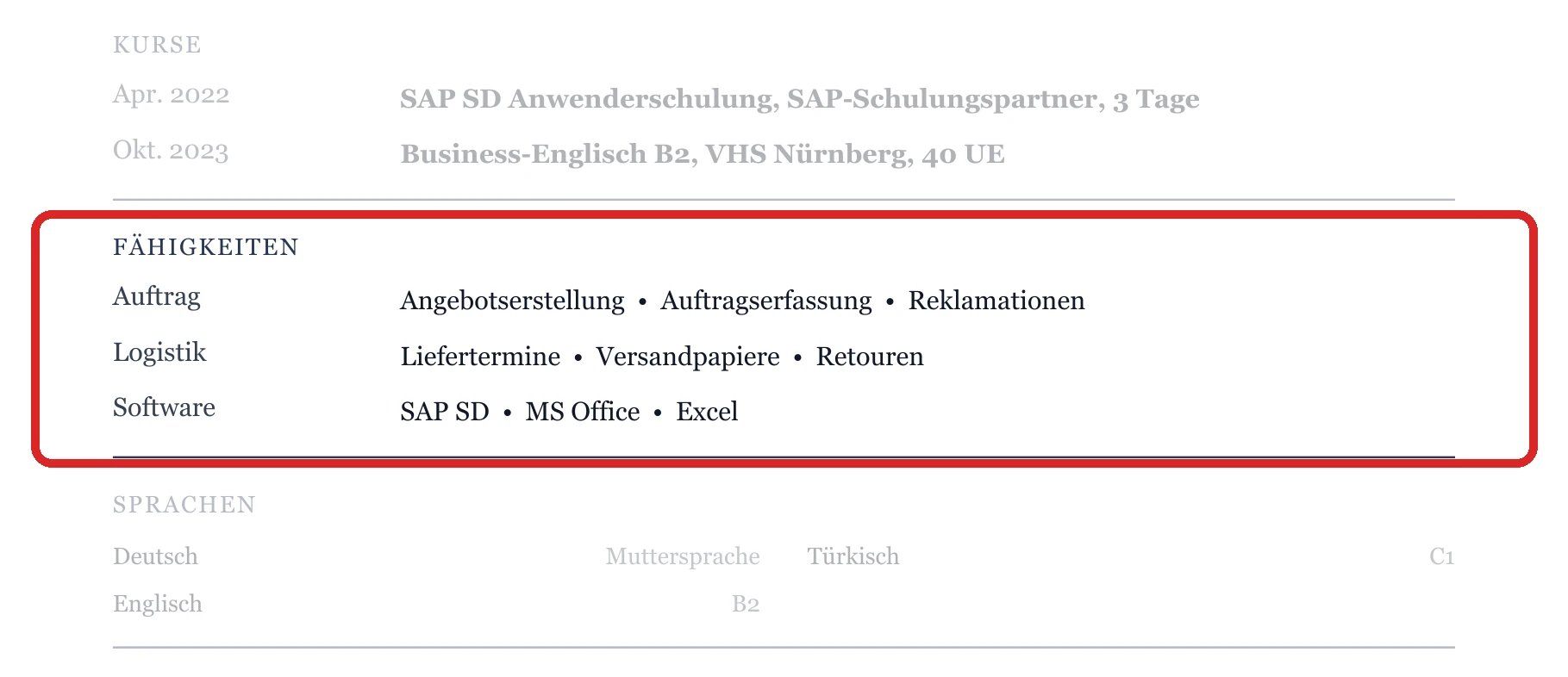 Kenntnisse im Muster – Auftragsabwicklung & Kundenservice