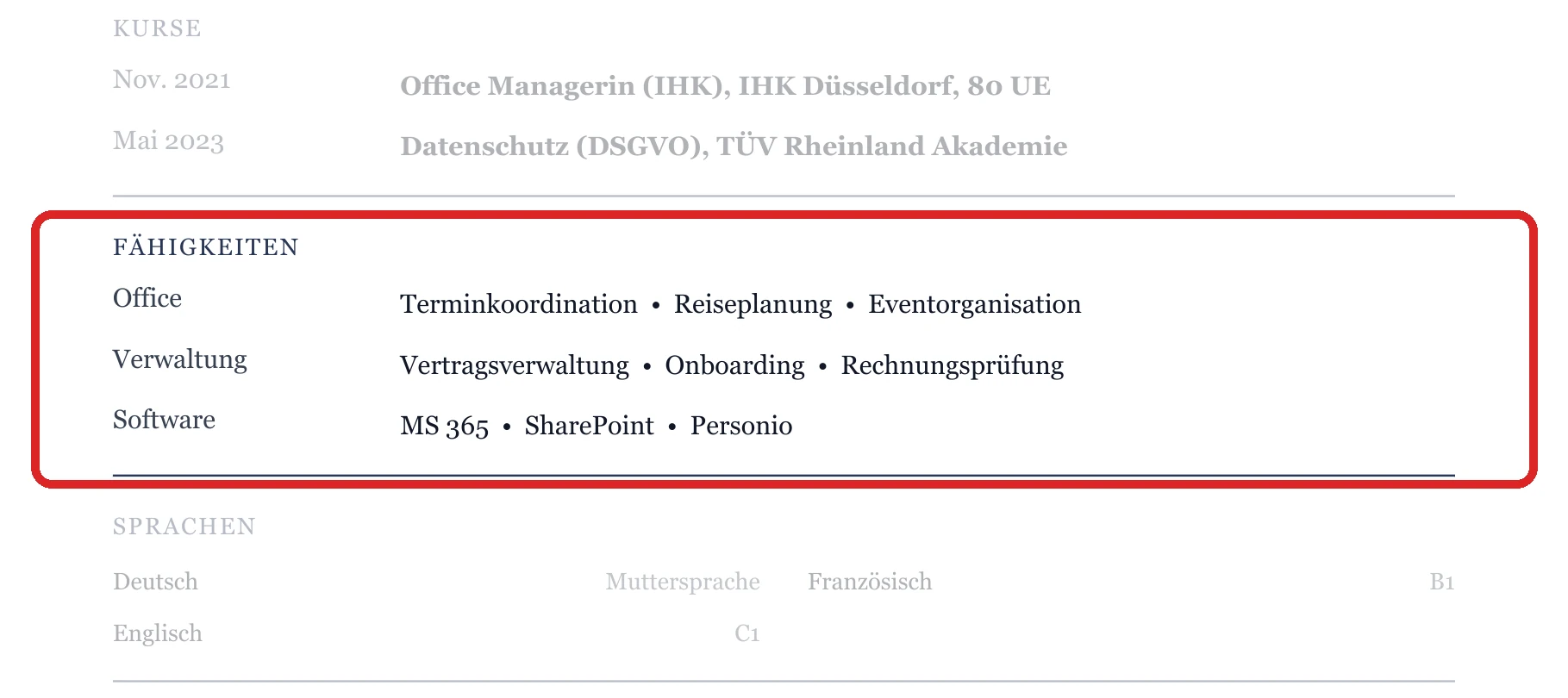 Kenntnisse im Muster – Office-Management & Teamassistenz