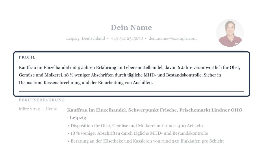 So sähe ein Kurzprofil im Muster aus – direkt unter den Kontaktdaten