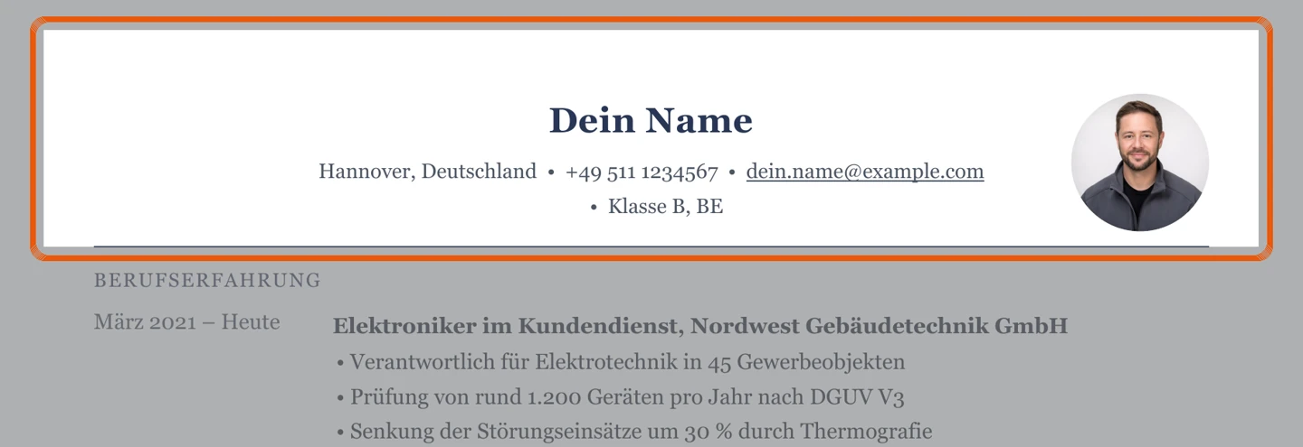 Persönliche Angaben im Muster – Muster Elektroniker – allgemein