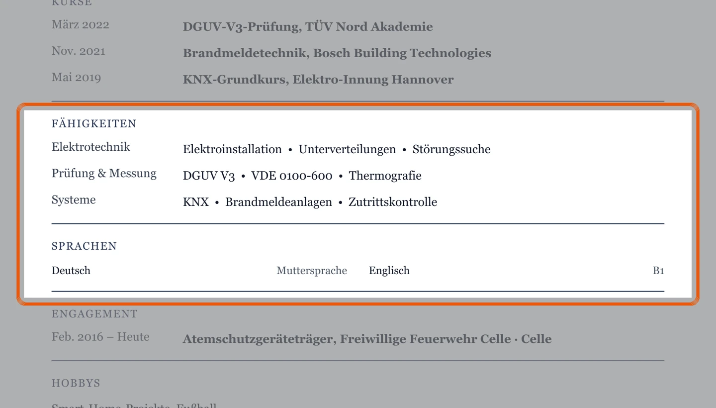 Kenntnisse und Sprachen im Muster – Muster Elektroniker – allgemein
