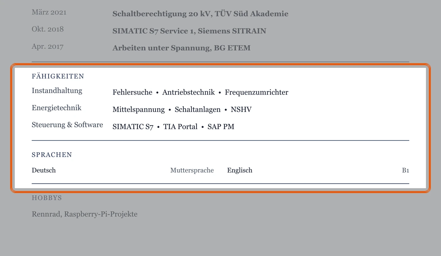 Kenntnisse und Sprachen im Muster – Muster Betriebstechnik & Instandhaltung