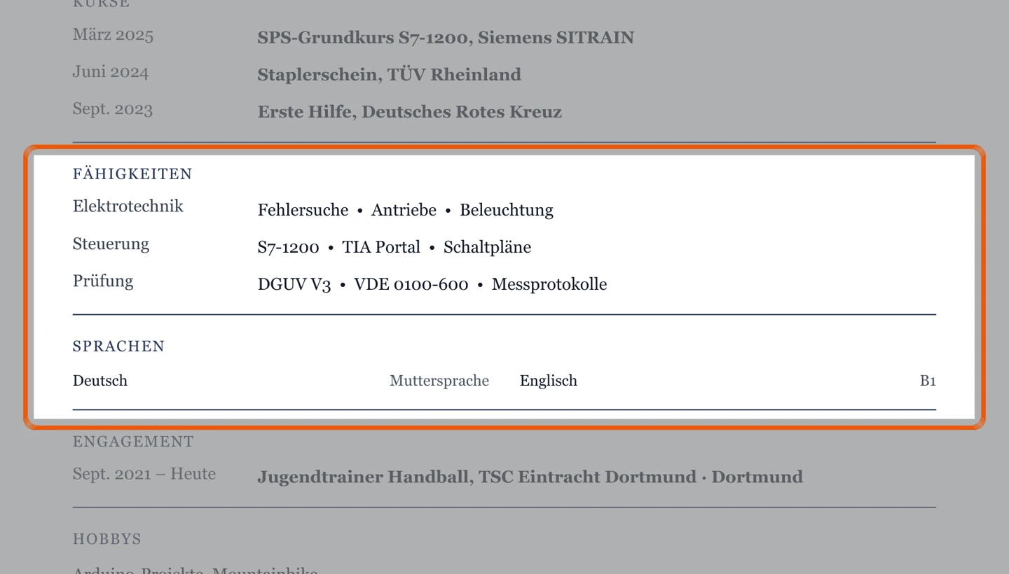Kenntnisse und Sprachen im Muster – Muster Ausbildung & Berufseinstieg