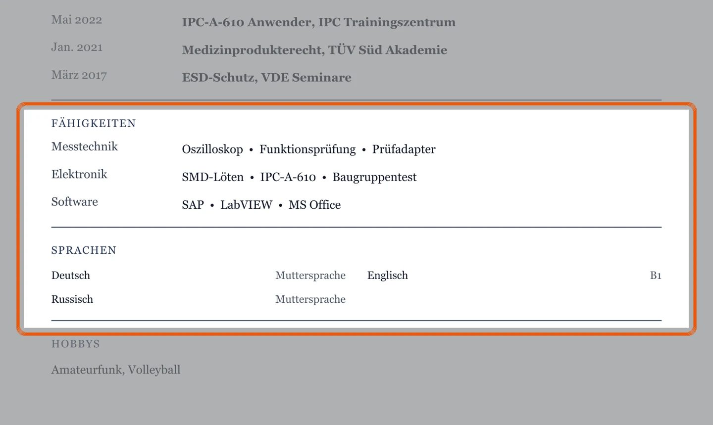 Kenntnisse und Sprachen im Muster – Muster Geräte & Systeme