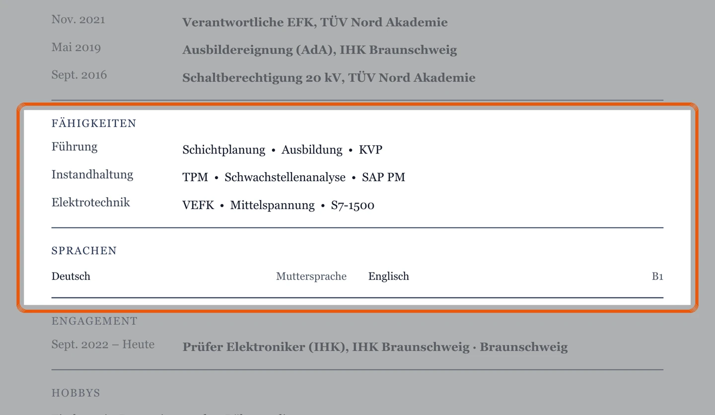 Kenntnisse und Sprachen im Muster – Muster Meister & Führung
