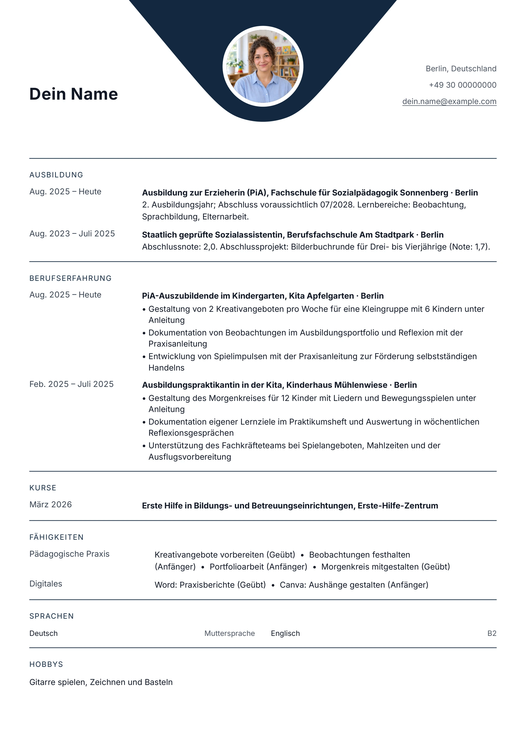 Lebenslauf Erzieherin · Ausbildung & Berufseinstieg · Klassisch zentriert