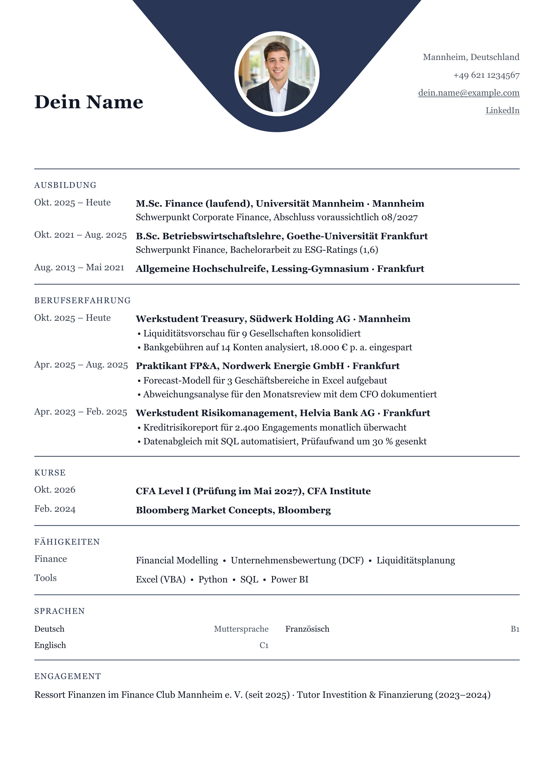 Lebenslauf Finanzen · Studium & Berufseinstieg · Klassisch zentriert